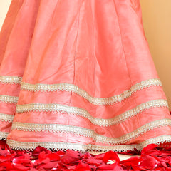 Girls Peach Silk Embroidered Lehenga Set