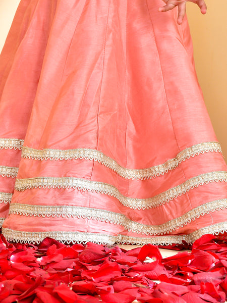 Girls Peach Silk Embroidered Lehenga Set