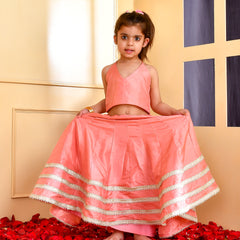 Girls Peach Silk Embroidered Lehenga Set