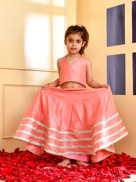 Girls Peach Silk Embroidered Lehenga Set