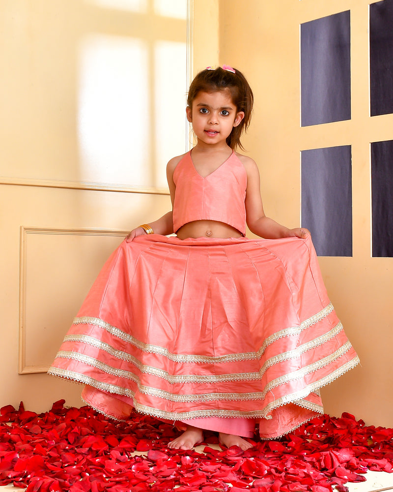 Girls Peach Silk Embroidered Lehenga Set