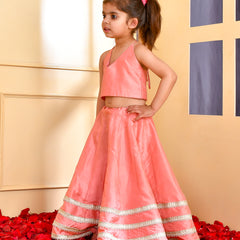 Girls Peach Silk Embroidered Lehenga Set