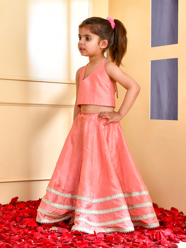 Girls Peach Silk Embroidered Lehenga Set