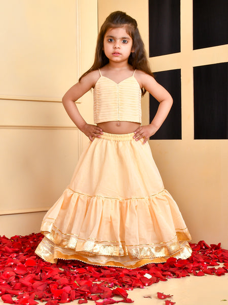 Girls Beige Chanderi Silk Gota Lehenga Set