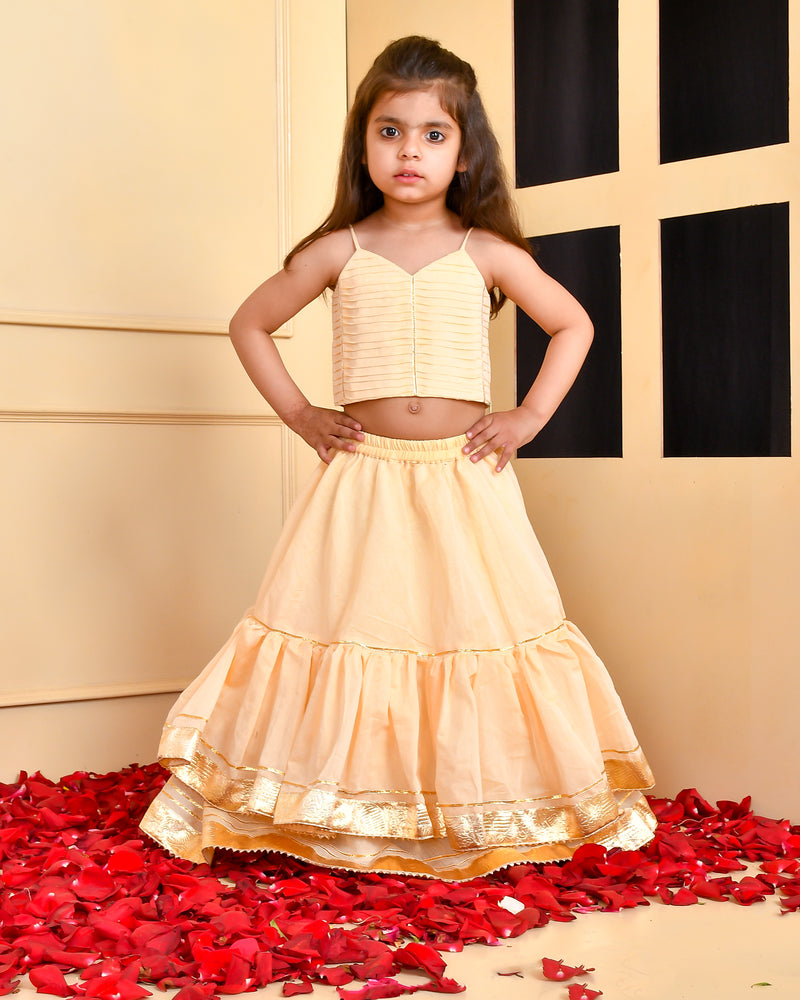 Girls Beige Chanderi Silk Gota Lehenga Set