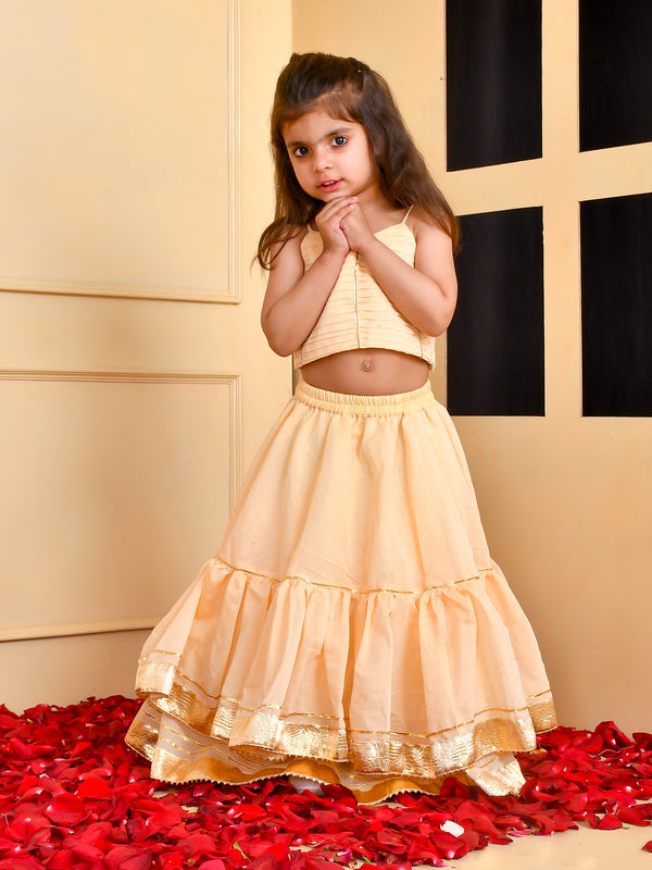 Girls Beige Chanderi Silk Gota Lehenga Set