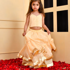 Girls Beige Chanderi Silk Gota Lehenga Set