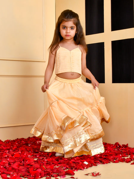 Girls Beige Chanderi Silk Gota Lehenga Set