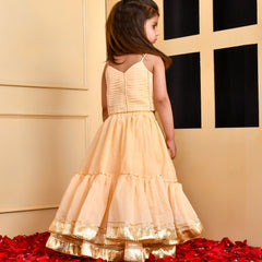 Girls Beige Chanderi Silk Gota Lehenga Set