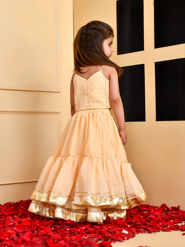 Girls Beige Chanderi Silk Gota Lehenga Set