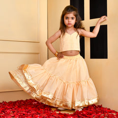 Girls Beige Chanderi Silk Gota Lehenga Set