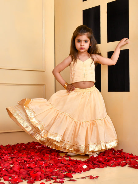 Girls Beige Chanderi Silk Gota Lehenga Set