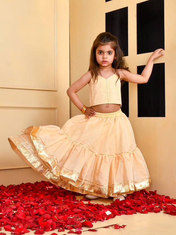 Girls Beige Chanderi Silk Gota Lehenga Set