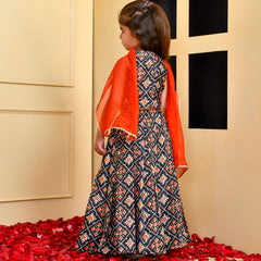 Girls Black Printed Silk Lehenga Set with Red Dupatta