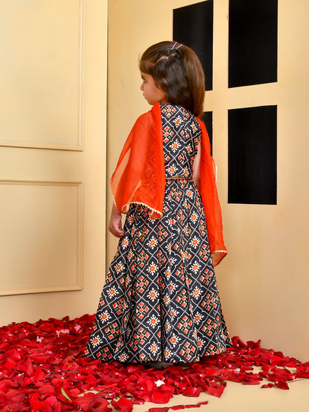 Girls Black Printed Silk Lehenga Set with Red Dupatta