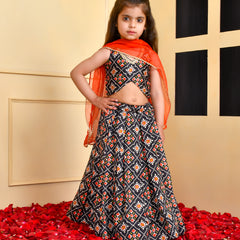 Girls Black Printed Silk Lehenga Set with Red Dupatta
