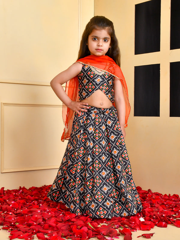 Girls Black Printed Silk Lehenga Set with Red Dupatta