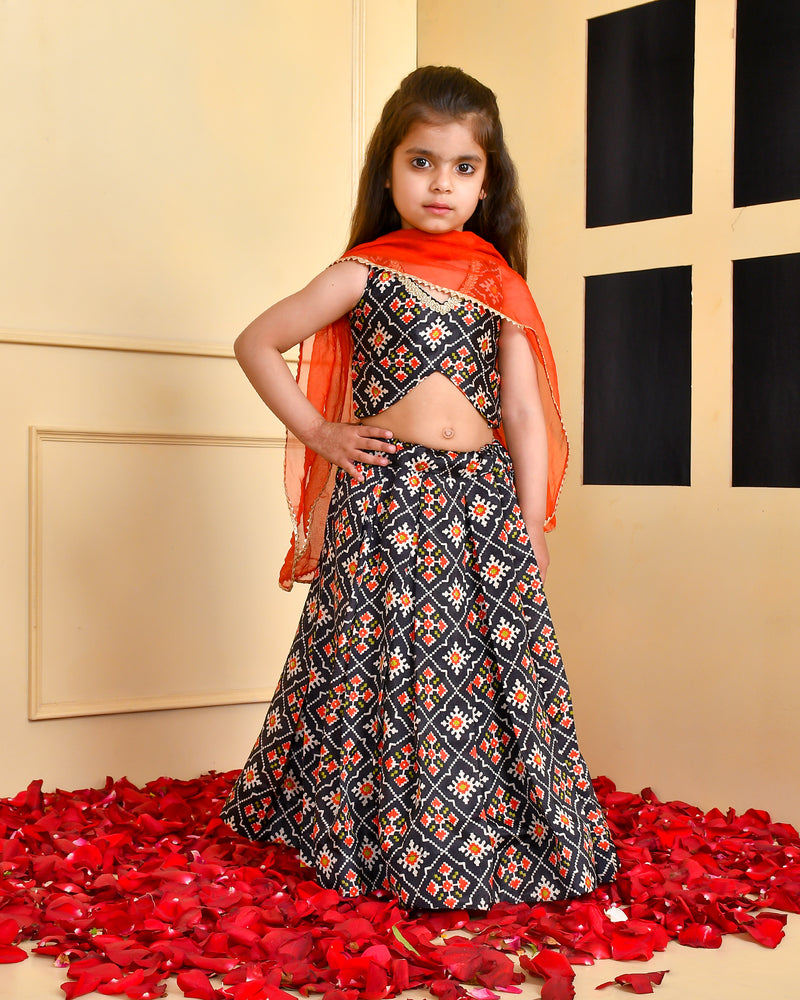 Girls Black Printed Silk Lehenga Set with Red Dupatta
