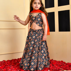 Girls Black Printed Silk Lehenga Set with Red Dupatta