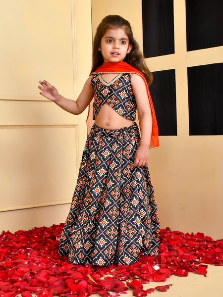 Girls Black Printed Silk Lehenga Set with Red Dupatta