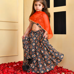 Girls Black Printed Silk Lehenga Set with Red Dupatta