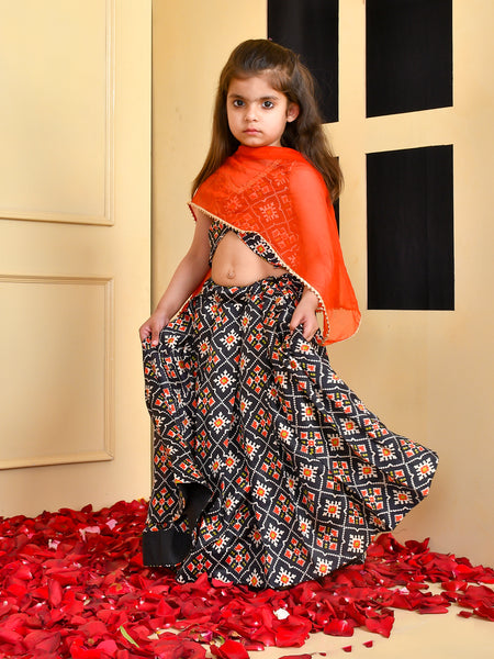 Girls Black Printed Silk Lehenga Set with Red Dupatta