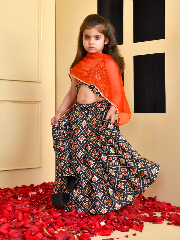 Girls Black Printed Silk Lehenga Set with Red Dupatta