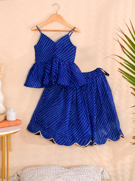 Royal Blue Girls Leheriya Kota Doria Lehenga Set