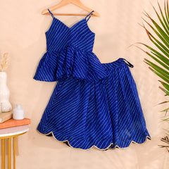 Royal Blue Leheriya Kota Doria Peplum Top & Wrap Skirt