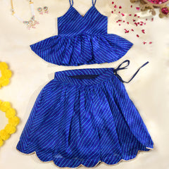Royal Blue Leheriya Kota Doria Peplum Top & Wrap Skirt
