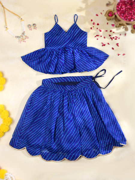 Royal Blue Leheriya Kota Doria Peplum Top & Wrap Skirt