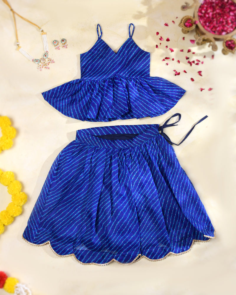 Royal Blue Leheriya Kota Doria Peplum Top & Wrap Skirt