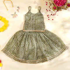 Olive Green Girls Bandhani Kota Doria Lehenga Set