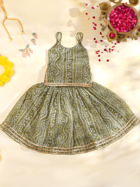 Olive Green Girls Bandhani Kota Doria Lehenga Set