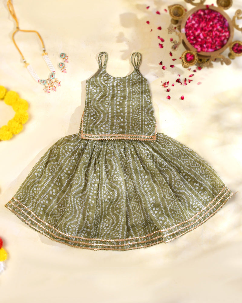 Olive Green Girls Bandhani Kota Doria Lehenga Set