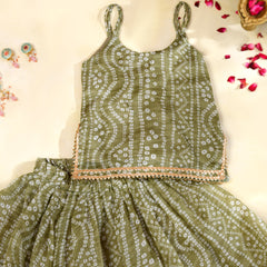 Olive Green Girls Bandhani Kota Doria Lehenga Set
