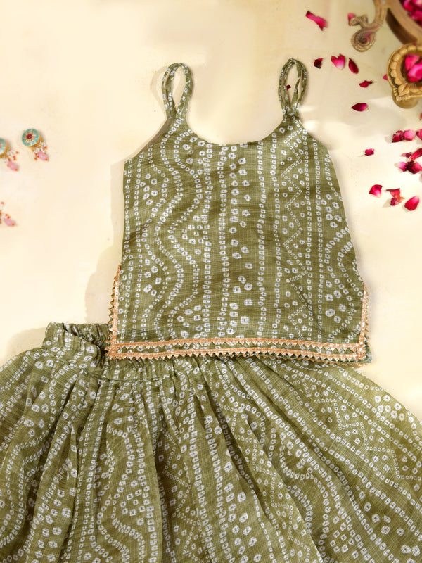 Olive Green Girls Bandhani Kota Doria Lehenga Set