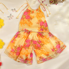 Sunshine Yellow Girls Floral Kota Doria Sharara Set