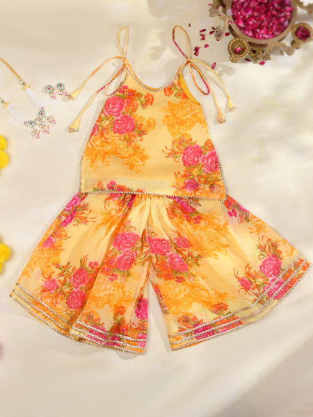 Sunshine Yellow Girls Floral Kota Doria Sharara Set