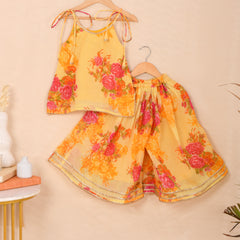 Sunshine Yellow Girls Floral Kota Doria Sharara Set