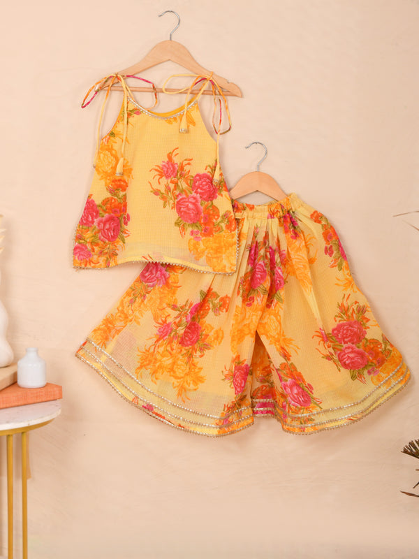 Sunshine Yellow Girls Floral Kota Doria Sharara Set