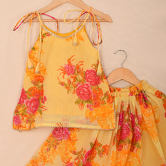 Sunshine Yellow Girls Floral Kota Doria Sharara Set