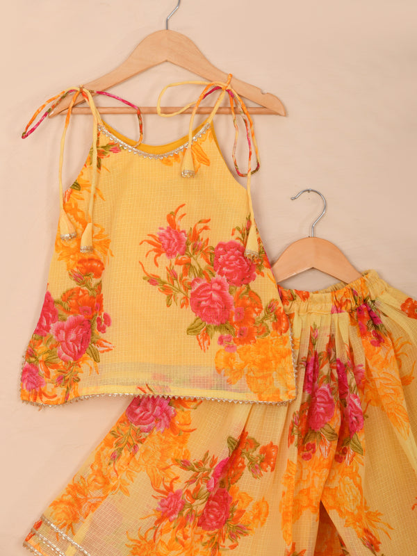 Sunshine Yellow Girls Floral Kota Doria Sharara Set