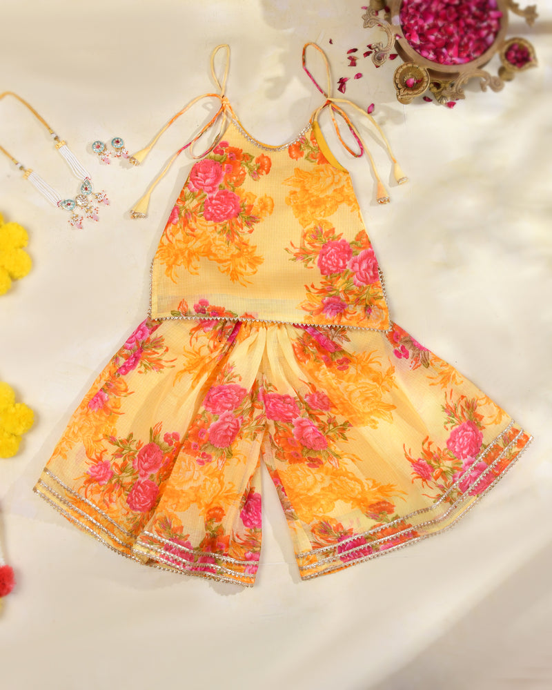 Sunshine Yellow Girls Floral Kota Doria Sharara Set