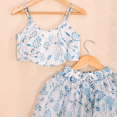 Sky Blue Floral Girls Kota Doria Lehenga Set
