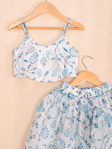Sky Blue Floral Girls Kota Doria Lehenga Set