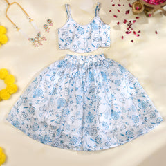 Sky Blue Floral Girls Kota Doria Lehenga Set