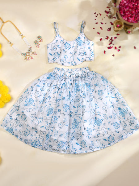 Sky Blue Floral Girls Kota Doria Lehenga Set