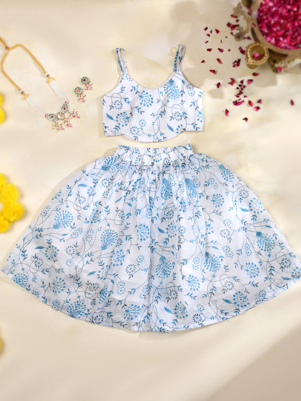 Sky Blue Floral Girls Kota Doria Lehenga Set