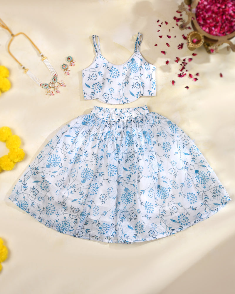 Sky Blue Floral Girls Kota Doria Lehenga Set